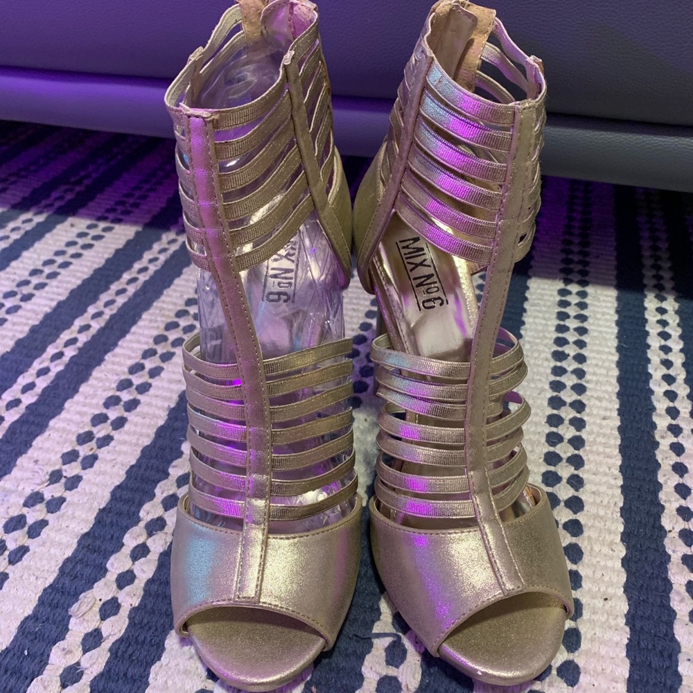 MixNo6 metallic gold strapy heels size 8.5